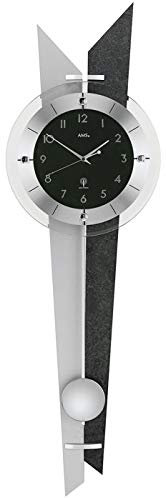 Pendeluhr AMS Wanduhr 5253 mit Pendel Funk Holzrückwand Schiefer Aluminium Mineralglas