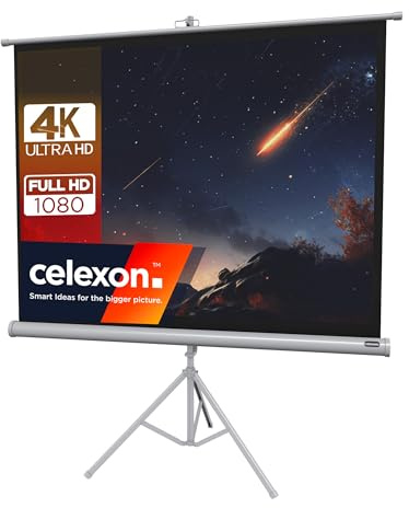celexon Economy White Tripod screen white 65 | 133x100 cm 4:3 | Mobile, 4K, full HD projector screen with manual roller extension for home cinema, office & outdoor use | incl. stand + carrying handle