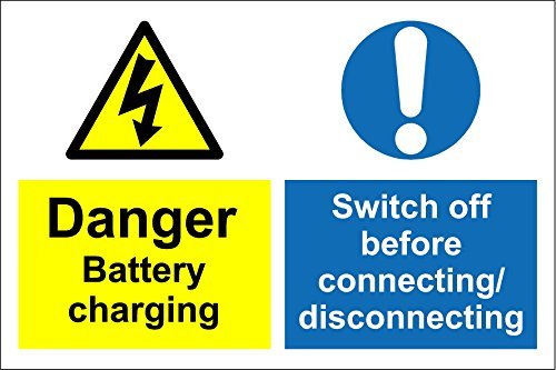 Shop warehouse signs Danger battery charging switch off before connecting disconnecting fork-lift vehicles safety sign - 1.2mm rigid plastic 300mm x 200mm