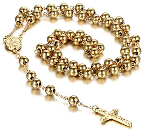 Cupimatch Unisex Edelstahl Rosenkranz mit Kruzifix Anhänger und lange goldene Perlenkette Perle, Perle