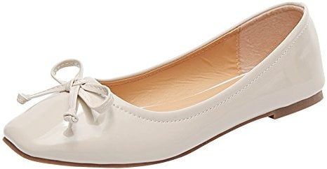 Jamron Women Lovely Bow Tie Ballerinas Comfy Square Toe Ballet Flats Slippers Pumps Dolly Shoes Beige SN02911 UK4