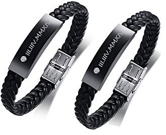 PJ JEWELLERY Personalisierte Schwarz Edelstahl ID Nachricht Geflochtene Lederarmbänder Schmuck für ihn, Benutzerdefinierte Männer Armband Für Paar, 2 stücke