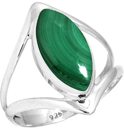 Jeweloporium Grüner Malachit Silberring Größe 57 (18,1), 925 Sterling Silber Ring für Damen, Echter Marquise Edelstein Handgefertigter Schmuck
