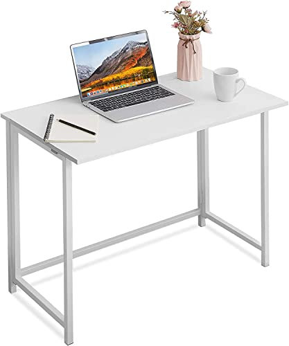 Homesbrand Compact Folding Desk White, Wooden Computer Desk for Home Office Working, Narrow Metal Frame Study Writing Table, Modern Small Desk (80x46.5x76cm)