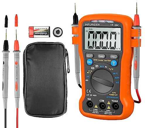 INFURIDER Multimetro Digitale YF-39C,TRMS 6000 conta misuratore ohm volt elettrico auto-ranging per AC/DC Tensione Corrente/Resistenza/Cap/Temp/Diodo,avometro con DMM retroilluminato automatico NCV