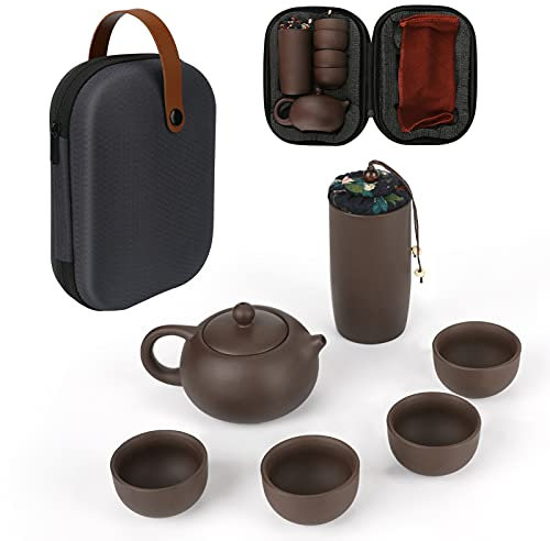 E-More tragbares Teeservice Tragbares Reise-Teeservice, handgefertigte chinesische/japanische Retro-Porzellanteekanne und Schalen, Teetablett und Aufbewahrungstasche
