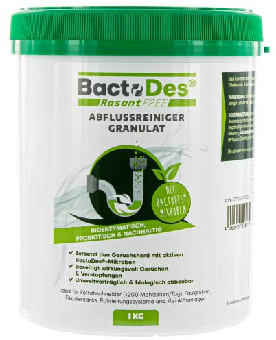 BactoDes - RasantFree Abflussreiniger-Granulat 1kg Dose - Enzymatischer Rohrreiniger 100% Bio & chemiefrei - Enzymrohreiniger gegen Verstopfungen in sämtlichen privaten & gewerblichen Abflüssen