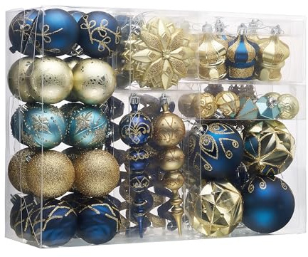 Valery Madelyn Christmas Tree Decorations Set, 108ct Blue and Gold Shatterproof Ball Ornaments Bulk, Peacock Hanging Ornaments for Trees Xmas Holiday Ramadan Decor