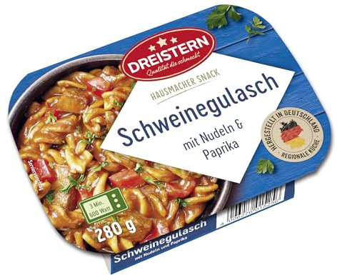 DREISTERN Schweinegulasch 280g I Mit Nudeln & Paprika I Herzhaftes Fertiggericht in Mikrowellenschale I Lange Haltbarkeit dank natürlicher Konservierung I Hausmacher Qualität
