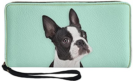 Kuiaobaty Lange Ledergeldbörse für Damen, mit Reißverschluss, Kartenhalter mit 4 Kartenfächern, modische Clutch, Boston Terrier, Casual