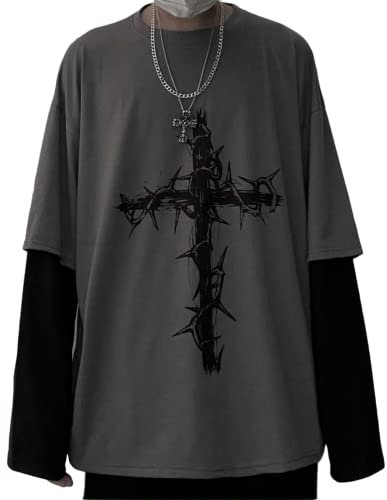 Aobiono Herren Damen Y2K Gothic Cross Sweatshirt Grunge Emo Alt Harajuku Fake Zweiteiliger Hoodie Top Dark Academia Punk Ästhetisch, Grau, Large