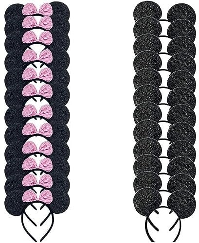 LEEMASING 24 Pack Sequin Mouse Costume Deluxe Ears Headband Bow Birthday Party Accessories Baby Shower Headwear Favors Decorations (Pink)