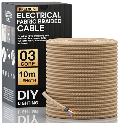 LEDSone 10M Cream 3 Core Braided Electrical Cable Fabric Flex Wire | 10M cream 3-core earthed fabric flex cable with copper wire for pendant lights, lamps and chandeliers.
