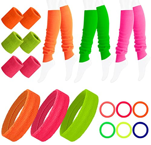 21-Teiliges 80er 90er Jahre Schweißbänder Set, Vintage Neon Stirnband Armband Beinwärmer, Drei Helle Farben Damen Sport Schweißband für 80er 90er Kostüm Party Fasching Karneval Zubehör
