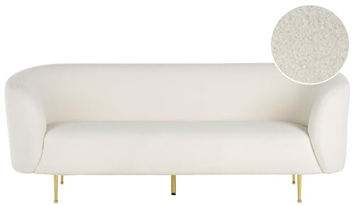 3 Seater Sofa Curved Glam Art Deco Boucle Fleece Gold Legs White Loen
