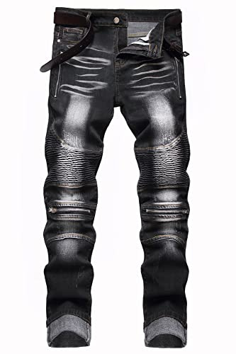 Baylvn Men's Designer Straight Slim Fit Patchwork Jeans Comfort Skinny Biker Denim Pants, T Black, 36