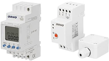 ORNO PRE-433 Zeitschaltuhr Hutschiene 52 Programme, 3 Menüsprachen, 2 Module, DIN TH-35mm & CR- 231 Dämmerungsschalter Aussen für DIN-Schiene mit externer Sonde, IP65, Lichtstärke LUX Anpassung