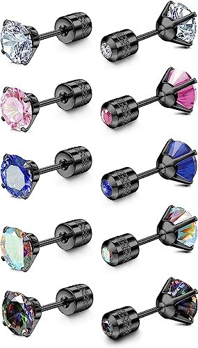 MILACOLATO Titan Ohrstecker Set für Damen Herren Hypoallergene Ohrringe Chirurgenstahl mit Schraubverschluss Doppelseitige Cubic Zirkonia Schwarz Ohrstecker | 5Paare