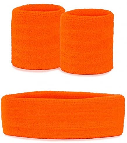 krautwear Damen Schweißbänder Set Stirnband 2 Armbänder 80er Jahre (Schweißbänder Set, orange)
