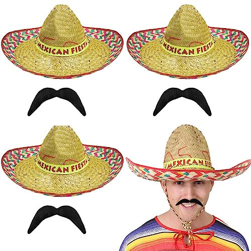 Adults Mexican Sombrero with Fiesta & Black Moustache Fancy Dress Party Accessories - Summer Straw Sun Hat (Pack of 1)