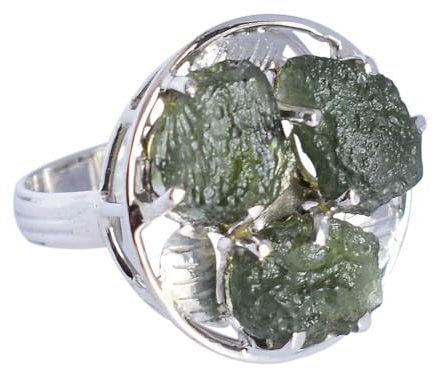 Natürlicher Moldavit-Edelstein 925 Sterling Silber Statement Ring, Trinity Ringe -4883-A, Edelstein, Moldavit