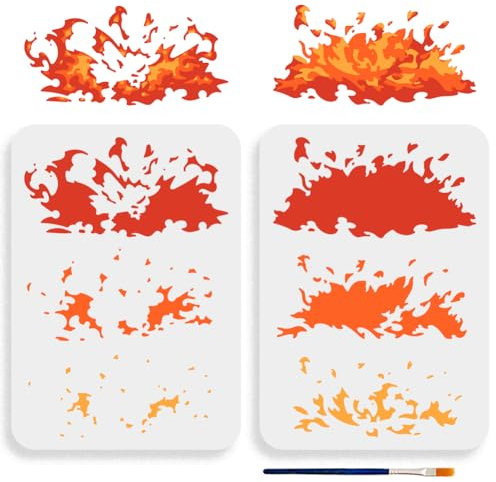 MAYJOYDIY 2 x mehrlagige Flammen-Schablone 30 x 21 cm A4-Größe Feuerschablone mit Pinsel wiederverwendbar tobende Feuer Zeichnungsvorlagen für Handwerk Wandkunst Möbel Holz Leinwand DIY-MA0003-34B