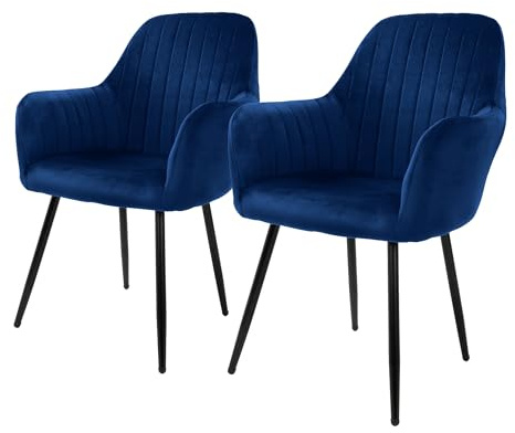 ML-Design 2er Set Esszimmerstühle mit Rücken- und Armlehnen, Blau, Küchenstühle mit Samtbezug, Polsterstühle mit Metallbeinen, Ergonomische Stühle für Esstisch, Wohnzimmerstühle Esszimmerstuhl