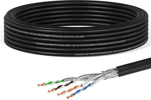 HB-DIGITAL 10m CAT 7 Netzwerkkabel Outdoor LAN Kabel Verlegekabel S/FTP AWG23 doppelt geschirmt PiMF reines Kupfer max 10Gbit/s Netzwerk Installation Ethernet Datenkabel für Außenbereich - Schwarz