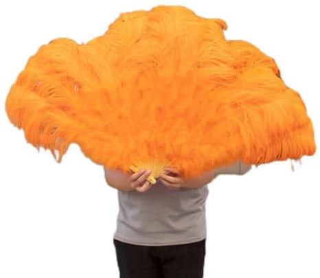 JUSHIW 130CM Big Ostrich Feather Fans Large 13Bone Folding Fur Hand Held Fan Dance Show Fan Fluffy Feathers Fan for Wedding-Orange,Right Hand