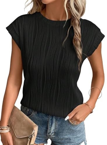 Gemulate Short Sleeve Blouses Casual Round Neck Tshirts Tees for Women Ladies Knit Solid Summer Tunic Tops Black XL