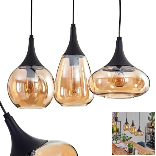 Lámpara colgante Maynal de metal y cristal en color negro/ámbar, lámpara de techo retro vintage con pantallas de cristal, altura máxima de 150 cm, 3 bombillas E14 no incluidas