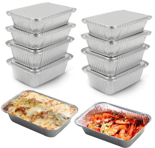 SRTSTR 10 Piezas 2250 ml Bandejas Aluminio Desechables Bandejas de Aluminio con Tapas Moldes Aluminio Rectangular para Hornear Asar Parrilla y Cocinar (22 x 16 x 5cm)