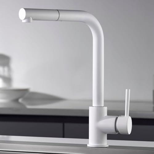 IMEX - Grifo de Cocina Extraible | Grifo Monomando Fregadero | Griferia de Cocina con Mangera Flexible 360º | Serie Malta | Color Blanco Mate