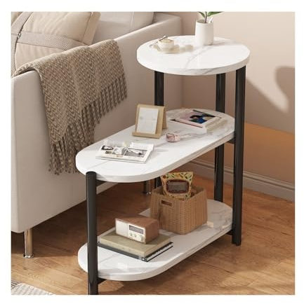 White 1 End Table 3 Tiers Faux Marble Nightstand Sofa Side Table Ladder-Shaped Marble Coffee Table Small Rectangle Bedside Tables