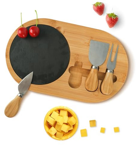RUCUDIM Käsebrett Holz Käseplatten Käsebretter Servierbrett Charcuterie Platte Cheese Board mit 3 Käsemesser, Schieferplatte für Weincracker, Brie und Fleisch, Bambusheber, Einzugsgeschenk