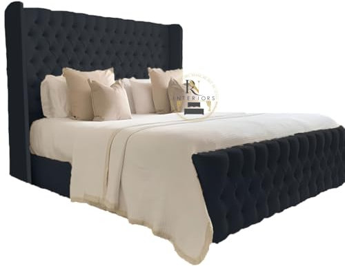 YB INTERIORS LTD 5FT King Size Sleigh Bed in Plush Velvet Fabric – Black Chesterfield Bed with Wingback 125 cm High Headboard
