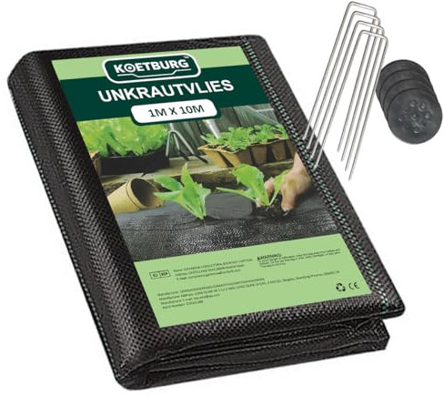 KOETBURG Unkrautvlies Extra Stark 1M*10M - 100g/m² Unkrautfolie mit 8 Erdanker, Wasserdurchlässig, Reißfestes Bodengewebe Unkrautflies für Garten, Gehwegen, Kunstrasen, Gewächshaus usw.