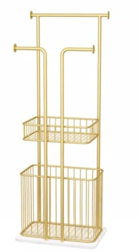 MEFOOGE Porte-Serviettes Moderne en métal doré avec Base en marbre, Porte-Serviettes sur Pied et étagère avec Panier à Linge, Porte-Serviettes sur Pied