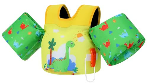 MoKo Gilet da Nuoto per Bambini, Galleggianti a Braccio per Bambini 20-50 libbre, Giubbotto Nuoto con Fischio d'Emergenza, Accessori per l'Allenamento di Nuoto per Piscina, Dinosauro Verde Giallastro