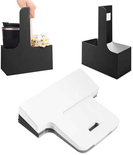 Gosknor 20pcs 2 Cup Coffee Cup Carrier with Handle, Disposable White Cardboard Coffee Cup Holder for Hot/Cold Drinks, Foldable Food Milk Tea Caddy Tray for Delivery, Takeout, Cafes (Black/White)