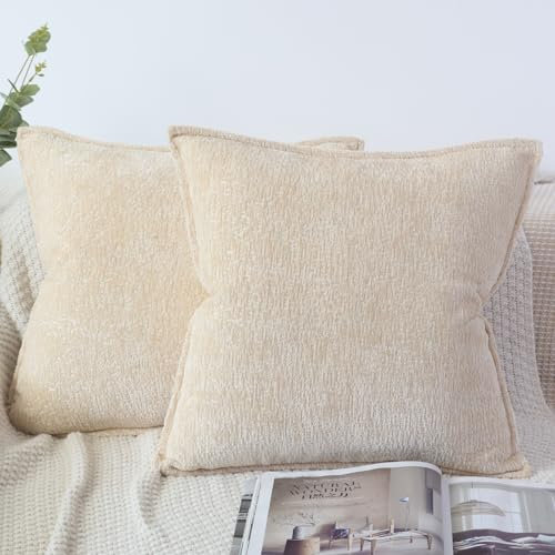 OYIMUA 2er Set Kissenbezug 50x50 Beige Chenille Kissenbezüge Textur Dekorativ Sofakissen Edel und Luxus Kissenhülle Weiche Kuschelkissen Deko Aesthetic Pillow Cover