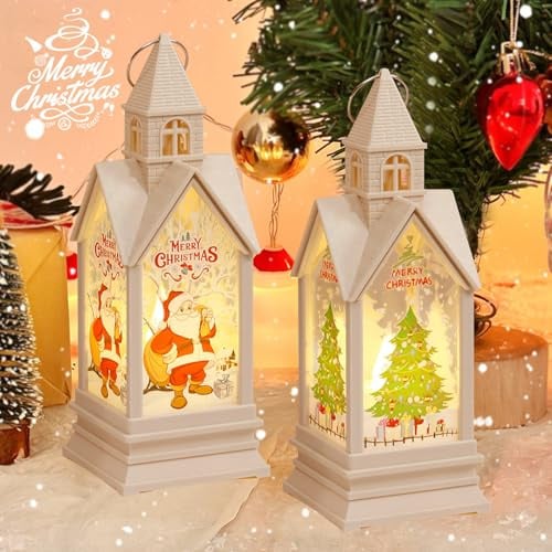Weihnachtsdeko Laterne Häuser, 2 Stück Weihnachtshaus Beleuchtet Windlicht Weihnachten Tischdeko Laterne, Weihnachtslaterne zum Aufhängen, Weihnachtsdekoration Innen Häuser Ornamente (A)