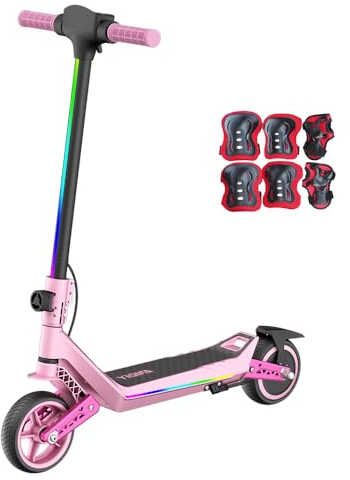 Elektroroller für Kinder, E Scooter mit Regenbogen-LED & Sicherheitsstart, 3 Geschwindigkeiten bis 16 km/h, 12KM Reichweite, doppelte Stoßdämpfer, doppeltes Sicherheitsbremssystem (Pink)