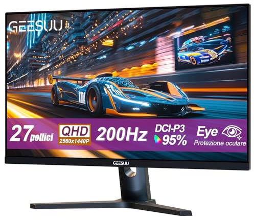 GEESUU Gaming Monitor 27 Zoll, QHD 1440p Gaming PC Monitors, 200Hz IPS Bildschirm, 1ms, 1200:1, HDR400, 95% DCI-P3, Eye Care Screen, HDMI 2.1 & DP 1.4