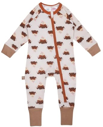 Blade & Rose Neutral Highland Cow Baby Romper Playsuit – Full-Length Zip, Soft Stretchy Fabric with Fold-Over Feet, Cream/Brown, Sizes 0-3 Months to 18-24 Months