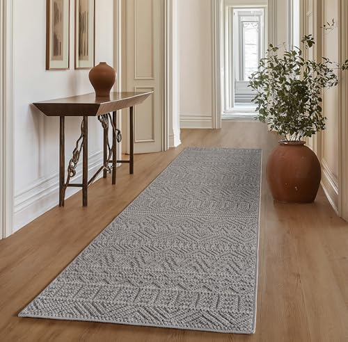 SIMPEX Teppich Läufer 80x250 cm Grau Vintage Design Bouclé Schlingenflor Skandi Stil Superweich Robust Pflegeleicht Moderner Flurteppich für Eingangsbereich Küche Korridor Schlafzimmer