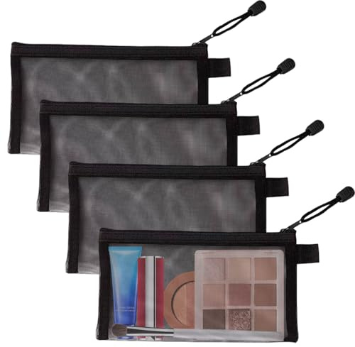4 pezzi Sacchetti di Stoccaggio, Trousse in Rete Trasparente Portatili con Cerniera, Piccola Borsa per il Trucco, Cosmetici, Articoli da Toeletta, Accessori Essenziali, Nero