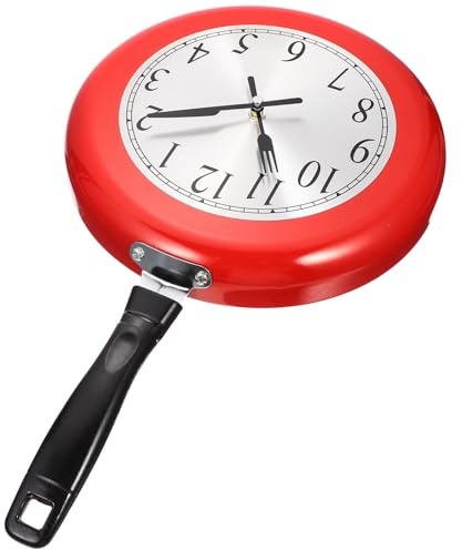 SOIMISS 10-Inch Red Stainless Steel Frying Pan Wall Clock Pendant, Silent Household Kitchen Wall Clock Decoration