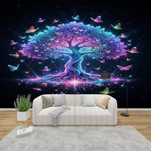 AevuCub Tapete Baum Des Lebens, Fototapete Lebensbaum Schlafzimmer, Tapeten Vliestapete Bunte Schmetterling Wohnzimmer, Wandtapete Kinderzimmer Neon Wanddeko, Mustertapete Vlies 200 x 140 cm (B x H)