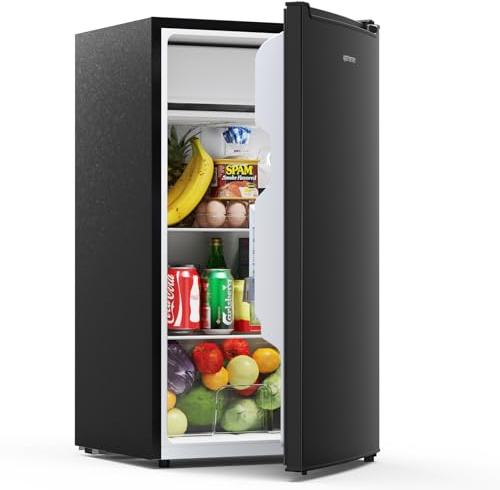 Upstreman 85 Litri Frigorifero Piccolo, LED Integrata, Termostato Regolabile, Cassetto per le Verdure, Silenzioso, Porta Reversibile, Frigo Piccolo da Ufficio, Frigorifero da Camera, Nero, CR85